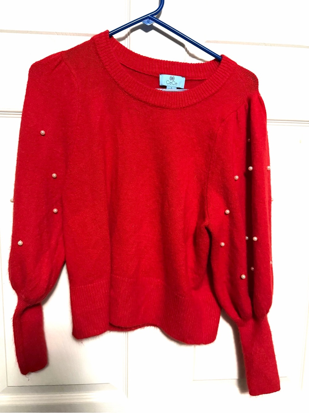 CeCe Red Pearl-Accent Crewneck Sweater